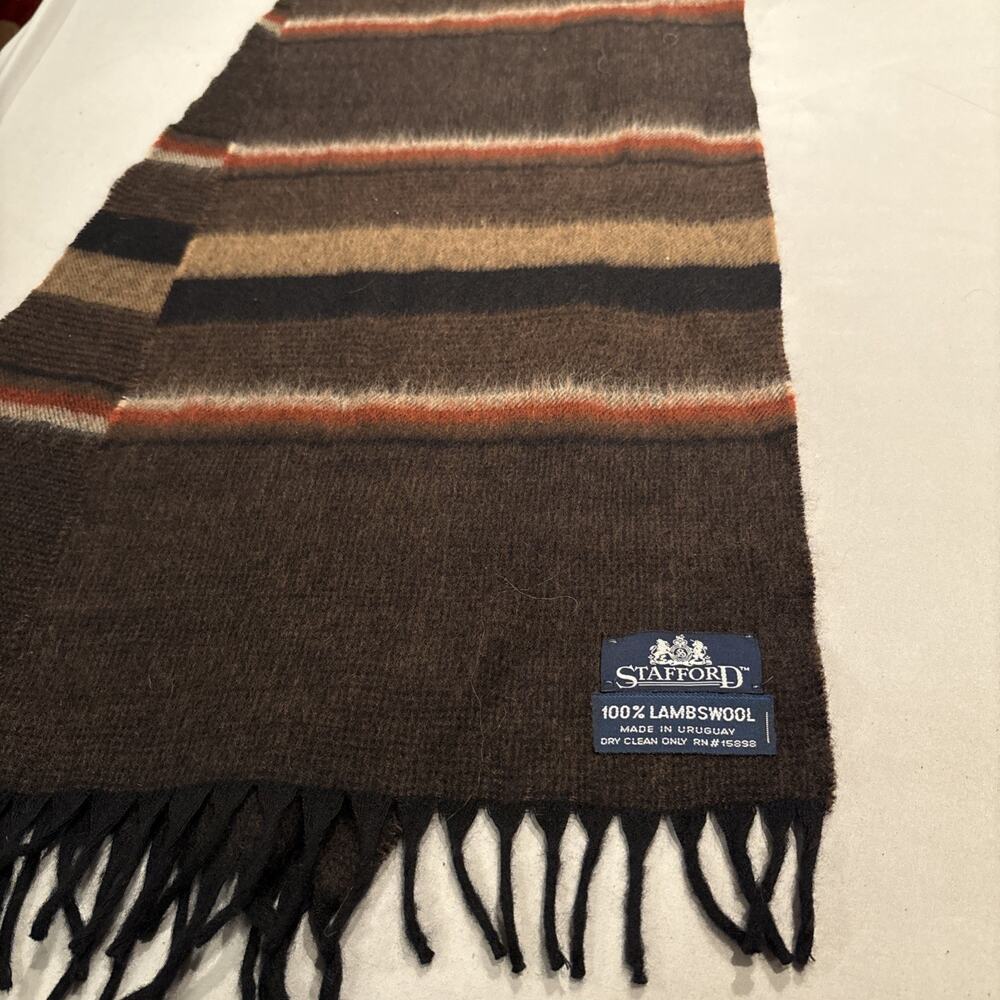 Stafford 100% Lambswool Scarf Brown Black Orange Striped Fringe Made in Uruguay